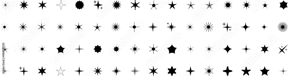 Minimalist silhouette stars icon set, twinkle shining star shape symbols, icons, elements. Modern geometric sparkle black silhouettes sign