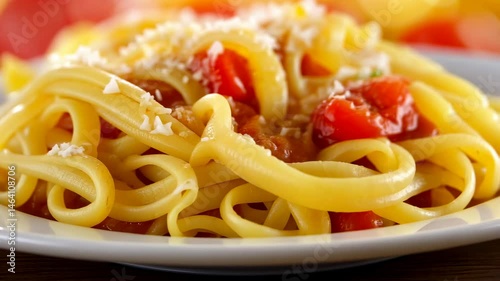 Macro of spaghetti pasta with tomato sauce and cheese on yellow-red background with bokeh.