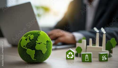 Over the Shoulder View of Businessman with Green Earth, Factory and Recycle Icons, World environment day, Responsibility for a green planet, Sustainable growth