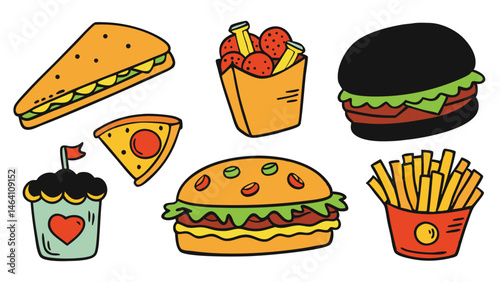 Hand drawn Fast food illustrations, including burgers, pizza, and fries, on a solid white background. vector illustration of fast food icon set