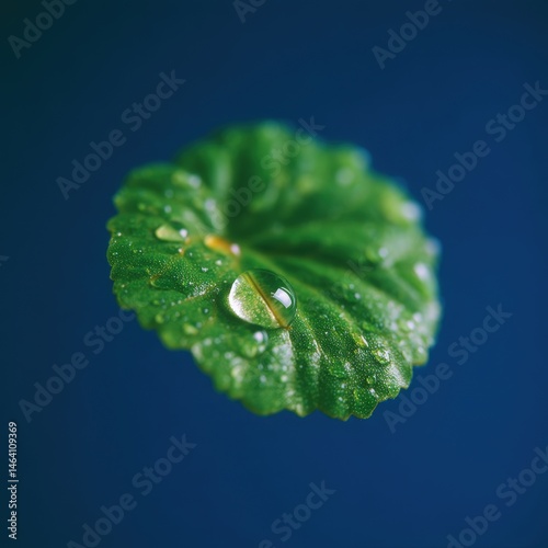 Rainwater streaming through leaf veins, morning mist background