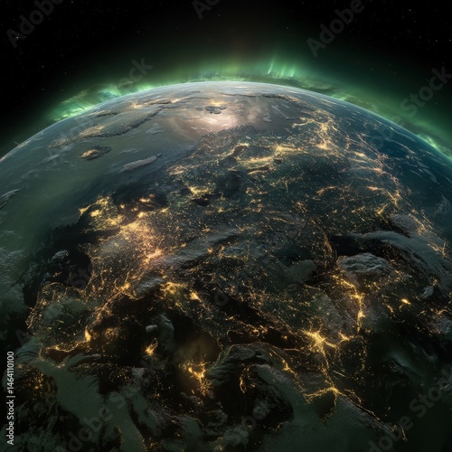 Satellite view of Earth's nightside revealing glowing city lights across continents and aurora at the pole, captured to highlight global connectivity and urban illumination