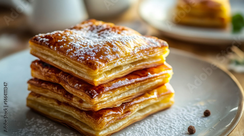 Flaky pastry dessert stacked with sweet filling and dusted with powdered sugar on a white plate