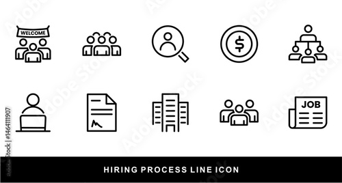 Hiring Process Line Icons. Recruitment, Job Application, Interview, Candidate Selection Vector Set