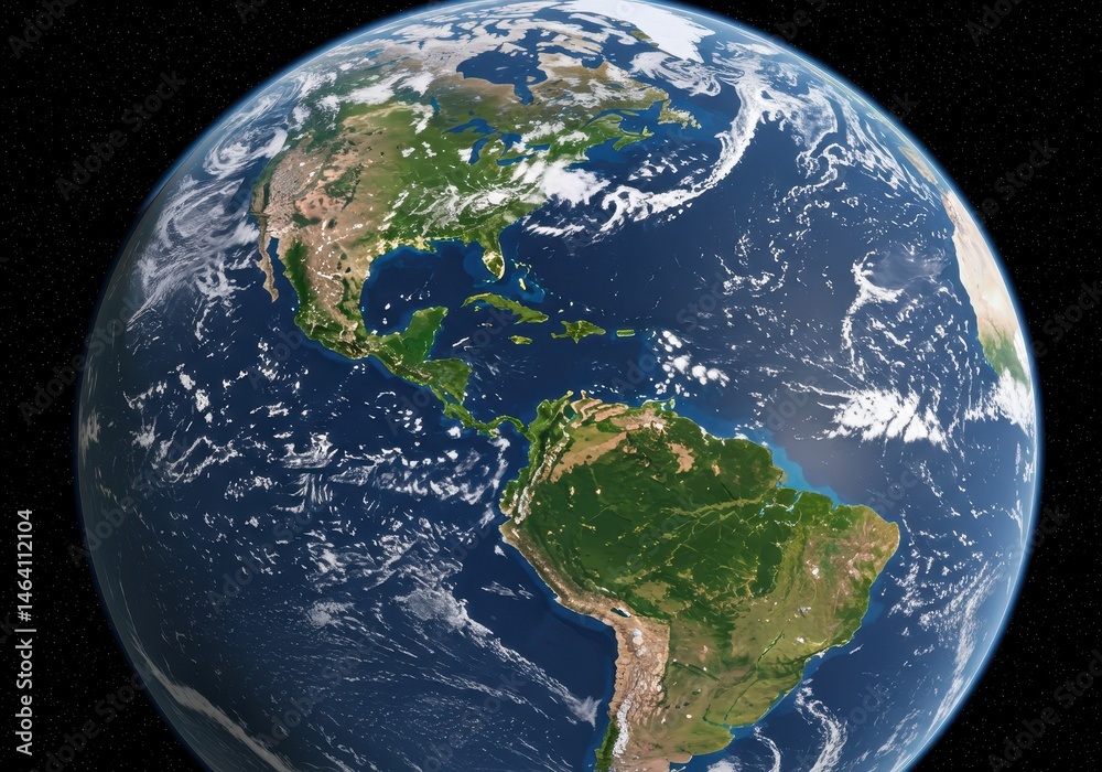 Fototapeta premium A view of earth from space showing north and south america with cloud cover and stars in the background