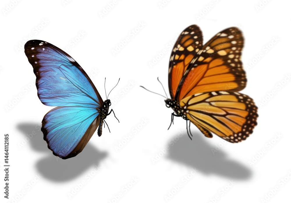 Fototapeta premium Two butterflies, one blue morpho and one monarch, face each other on a white background casting shadows