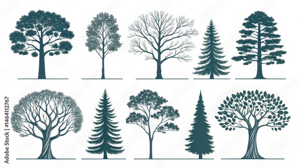 Fototapeta premium Unique Tree Icons Pictogram Set Featuring Varied Tree Designs