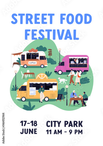 Street festival poster. Food truck and tiny people at outdoor event in urban park, promo banner card. Summer holiday picnic, city fest, promotion placard background. Flat vector illustration