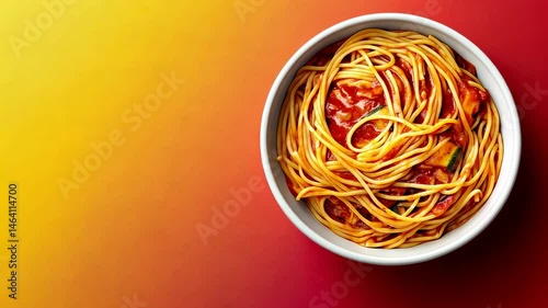 Top-down view of spaghetti pasta with marinara sauce bowl on yellow-red gradient background.	
