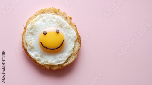 Playful Fried Egg on Toast with Smiling Yolk on Pastel Pink Background – Whimsical Breakfast Visual for Healthy Eating Campaigns, Social Media, and Food Branding