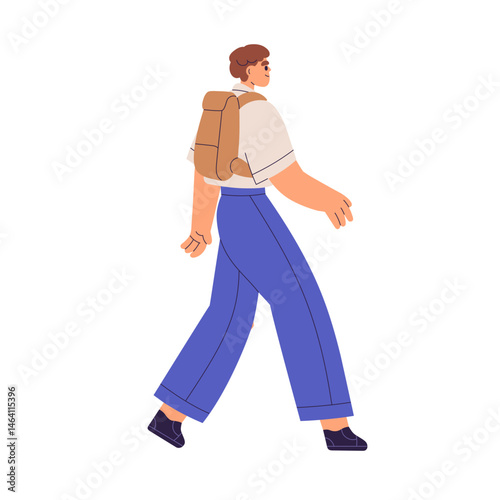 Man walking with backpack. Young male student going outdoors, carrying bag pack, side view, profile. Casual person with knapsack outside. Flat vector illustration isolated on white background