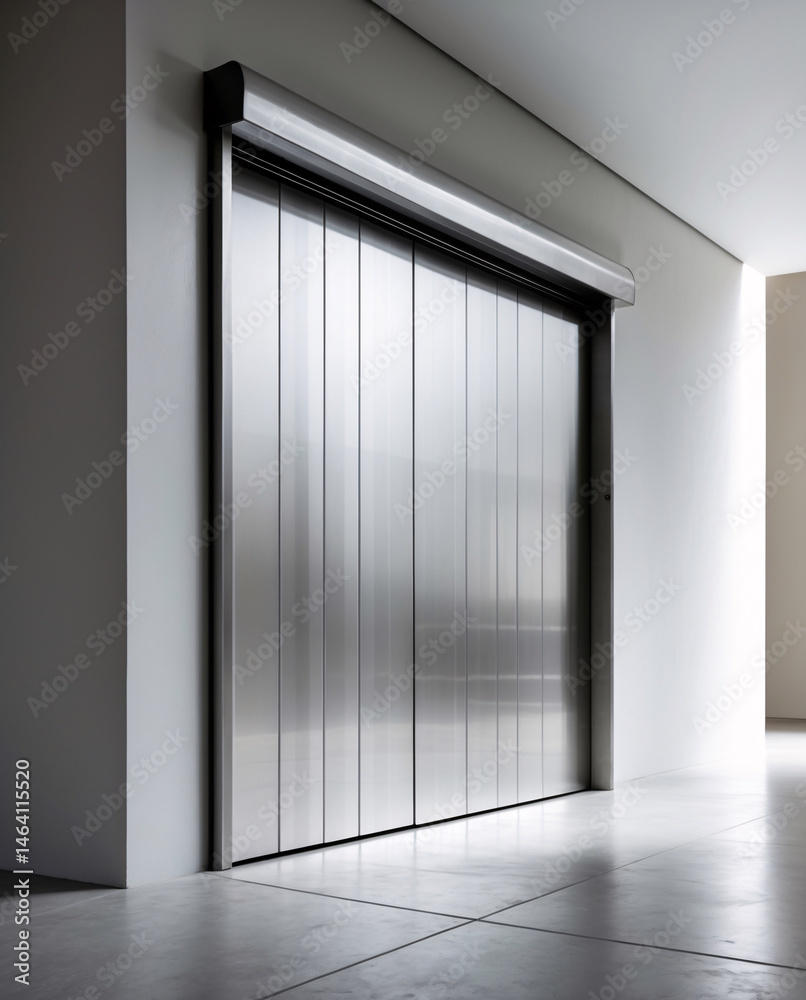 Obraz premium Closed rolling shop door on downtown retail facade showing metal texture and industrial styling for commercial exterior presentation Wallpaper Background Exterior Design
