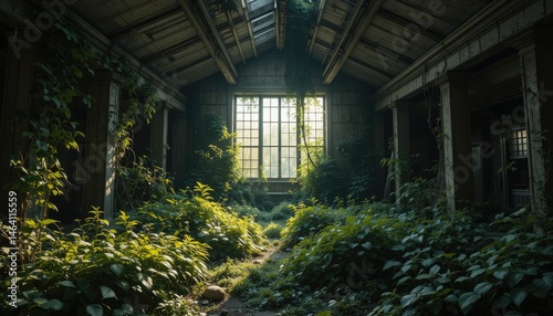 Interior of an Overgrown Abandoned Building with a Sunlit Window