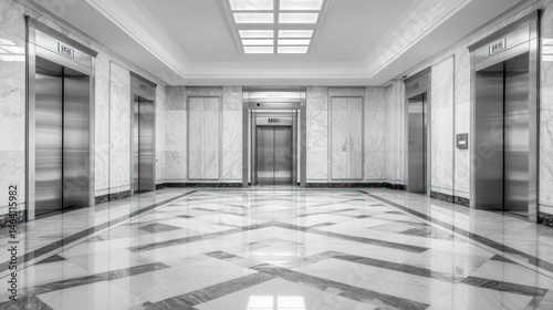 Modern building lobby with elevators, marble floor, and bright lighting; ideal for corporate or business settings