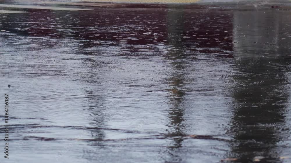 Heavy rain shower in autumn, drops dripping into puddles on the road, background. Cloudy, rainy, gray weather in autumn. Slow motion Heavy rain shower in autumn, drops dripping into puddles on the road, background. Cloudy, rainy, gray weather in autumn. Slow motion