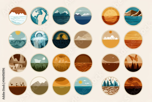 Diverse collection of vibrant nature landscape icons depicting various global environments