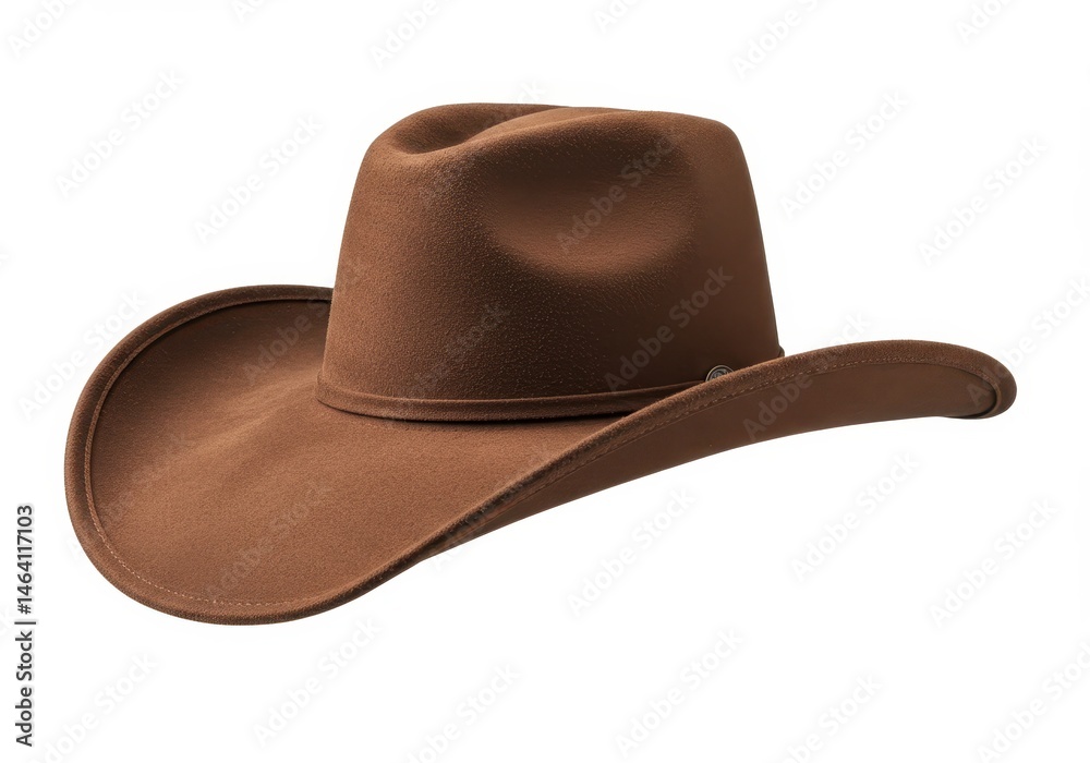 A brown cowboy hat with a wide brim sits against a white background in a studio shot, casting no shadow A brown cowboy hat with a wide brim sits against a white background in a studio shot, casting no shadow