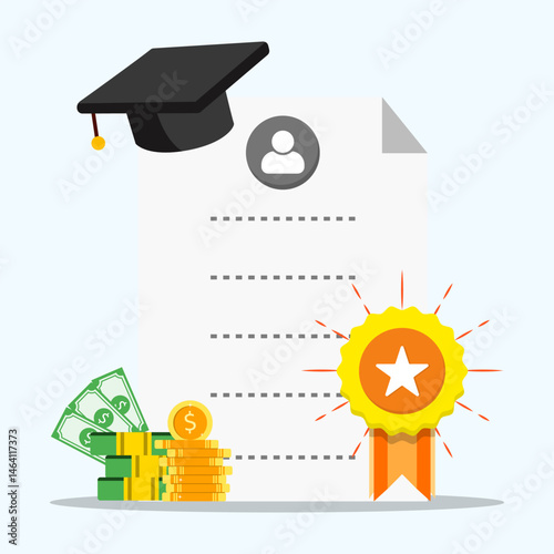 Education finance concept. Certificates of achievement, education, awards, scholarships, bachelor degrees and diplomas. 