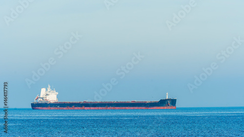 oil tanker of russia shadow fleet used for transportation oil in blue sea. Transport for petroleum products, gas and oil under sanctions.