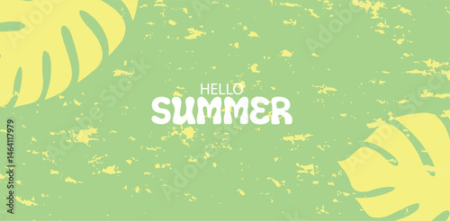 A bright and cheerful background on a summer theme with an inscription in stylized font "Hello, summer". A creative concept for a set of bright and juicy summer backgrounds.