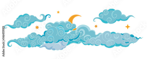 Tibetan sky. Blue Asian cloud with moon, sun and stars. Japanese Korean Chinese cloud style. Asian traditional ornaments. Border pattern. Vector illustration