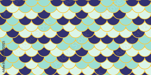 Elegant seamless pattern featuring overlapping scales in teal, navy, and gold.  Perfect for textile design, website backgrounds, or decorative projects.