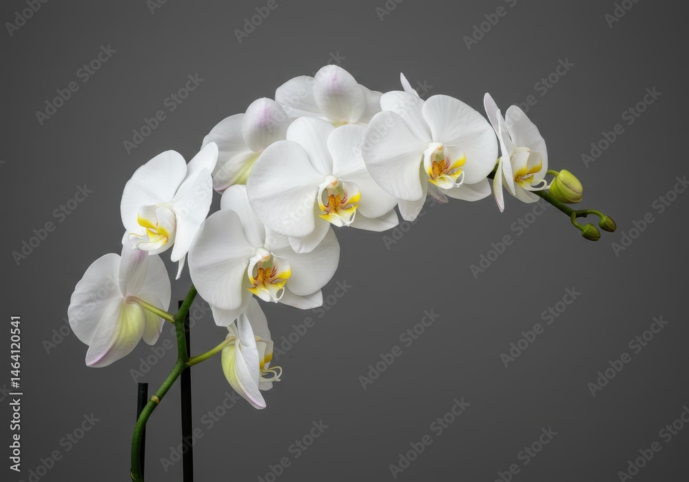 Obraz premium Close-up of a delicate white orchid with yellow accents against a dark gray background in horizontal orientation