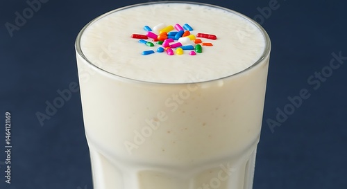 A creamy vanilla milkshake garnished with rainbow sprinkles

