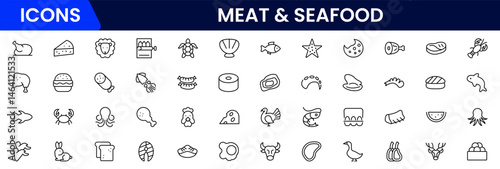 Meat, poultry, fish and eggs - minimal thin line web icon set. Outline icons collection. Simple vector illustration.