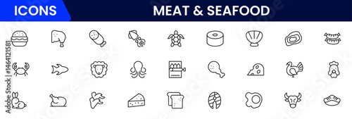 Meat, poultry, fish and eggs - minimal thin line web icon set. Outline icons collection. Simple vector illustration.