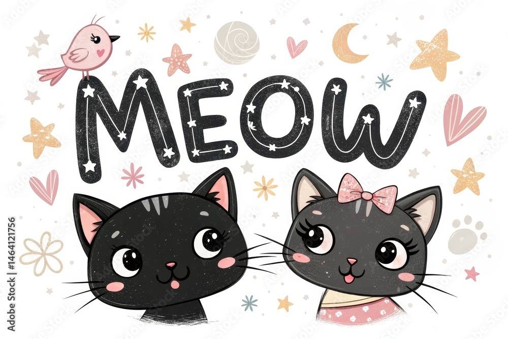 Charming Illustration of Two Adorable Kittens with Charming Illustration of Two Adorable Kittens with