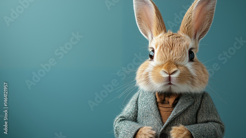 Rabbit character wearing formal suit and coat against teal background, anthropomorphic animal portrait for storytelling and branding concepts