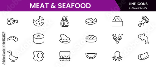 Meat, poultry, fish and eggs - minimal thin line web icon set. Outline icons collection. Simple vector illustration.