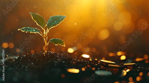 Fresh green plant growing from soil surrounded by golden coins illuminating with sunlight in a symbolic representation of wealth and prosperity