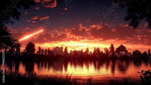 Fiery sunset over city lake with shooting stars