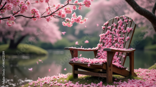 Cherry blossom-covered wooden chair in tranquil Japanese garden.