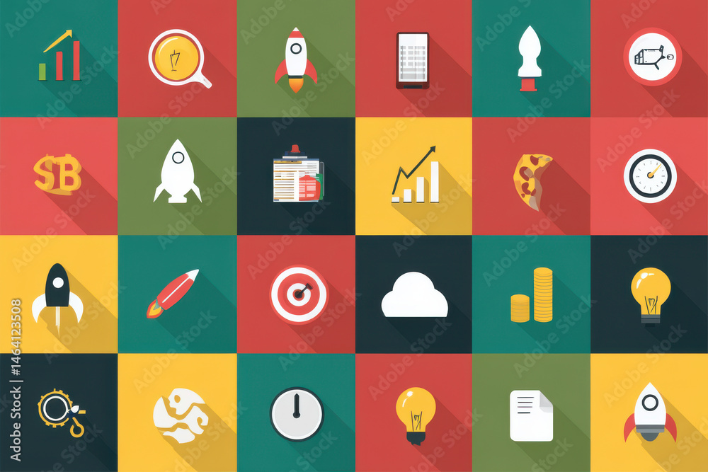 Exciting collection of flat design icons representing startup, business, and entrepreneurship Exciting collection of flat design icons representing startup, business, and entrepreneurship