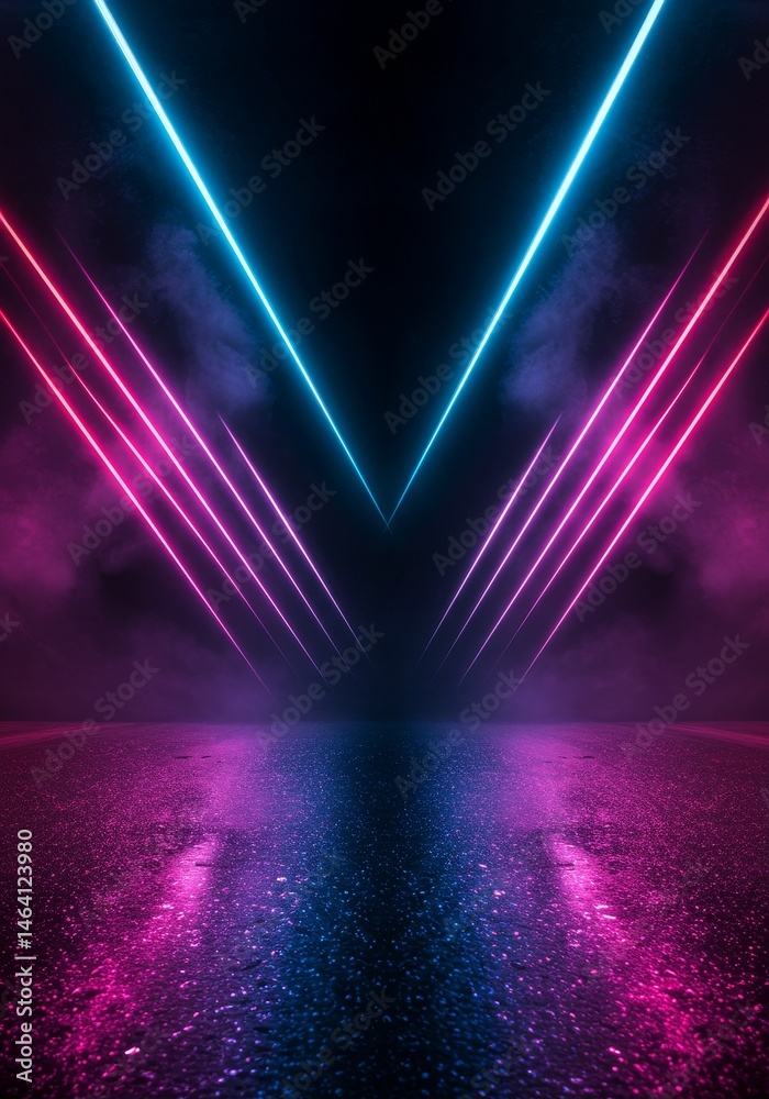 Vibrant Neon Tunnel with Reflections in Blue Pink and Dark Background