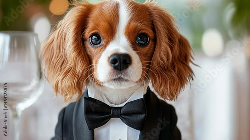 Adorable cavalier king charles spaniel in tuxedo at elegant dinner setting.