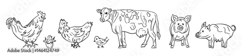 A set of farm pets cow, chicken, piglets, rooster. In the style of doodles. Natural Farm Products pork, poultry meat. Isolated vector illustration.