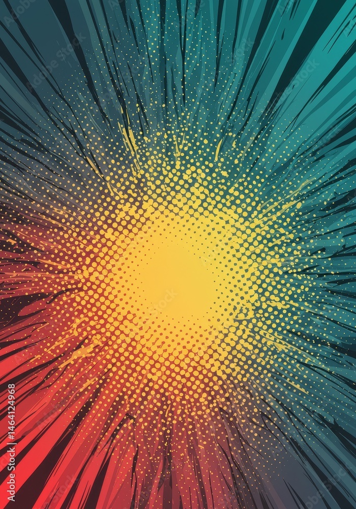 Vibrant Radial Burst with Yellow Blue and Red Dots on Dark Background