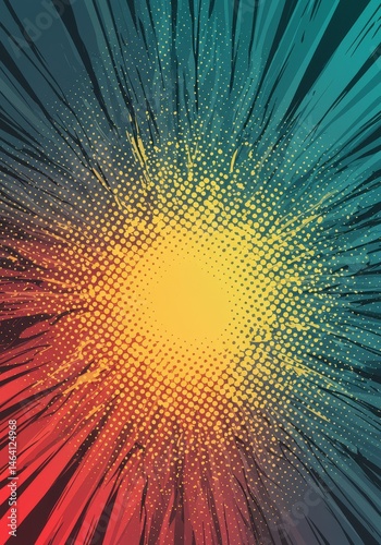 Vibrant Radial Burst with Yellow Blue and Red Dots on Dark Background