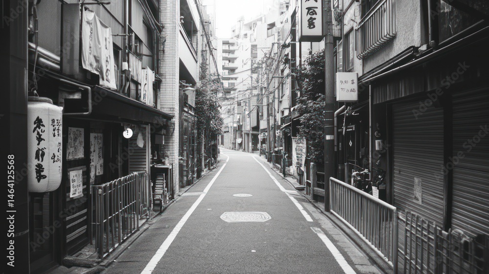Naklejka premium Deserted alleyway, Japan, city street, monochrome, quiet atmosphere, background buildings, travel photography