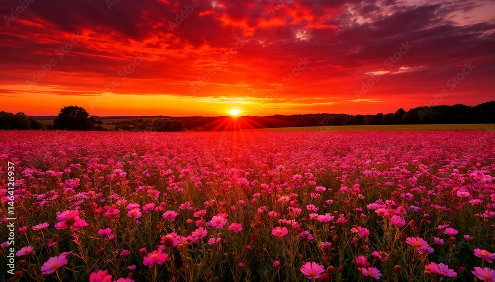 Obraz premium Vibrant sunset over a blooming pink flower field 