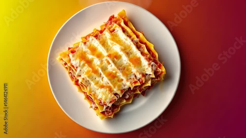Top-down view of hot lasagna slice on plate orange-red  gradient background.	