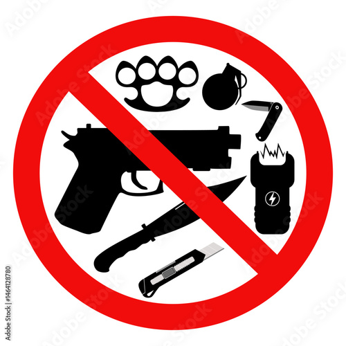 Weapon prohibited sign icon. No weapons gun, knife, taser, cutter, grenade, folding knife, brass knuckle. Vector illustration design