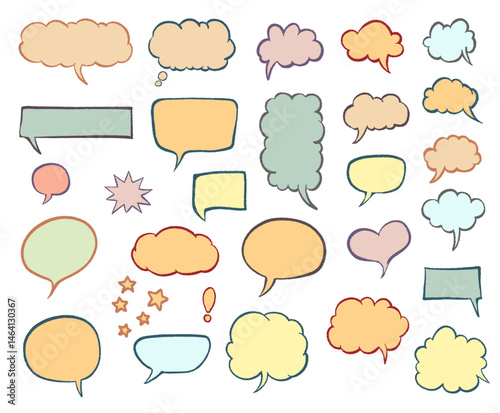 collection of hand-drawn, multicolored speech and thought bubbles, various shapes and sizes, including ovals, rectangles, clouds, and stars
