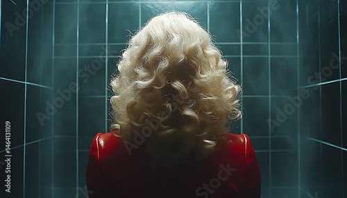 Woman in Red Jacket, Back View, Teal Room