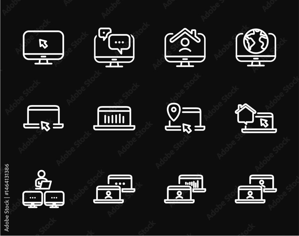 Remote Work Line Icons . Freelancer Work from Home, Video Call, Online Meeting, Teleconference Vector Set Remote Work Line Icons . Freelancer Work from Home, Video Call, Online Meeting, Teleconference Vector Set