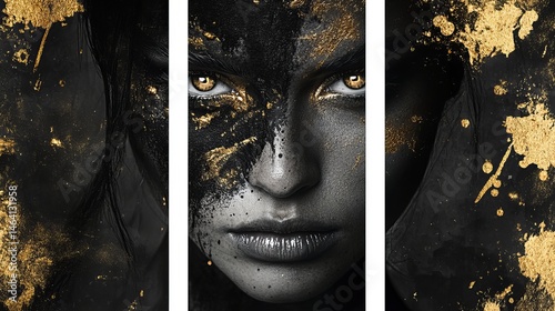 Dramatic Woman Portrait Black Gold Glitter Artistic Triptych Canvas Print Wall Art